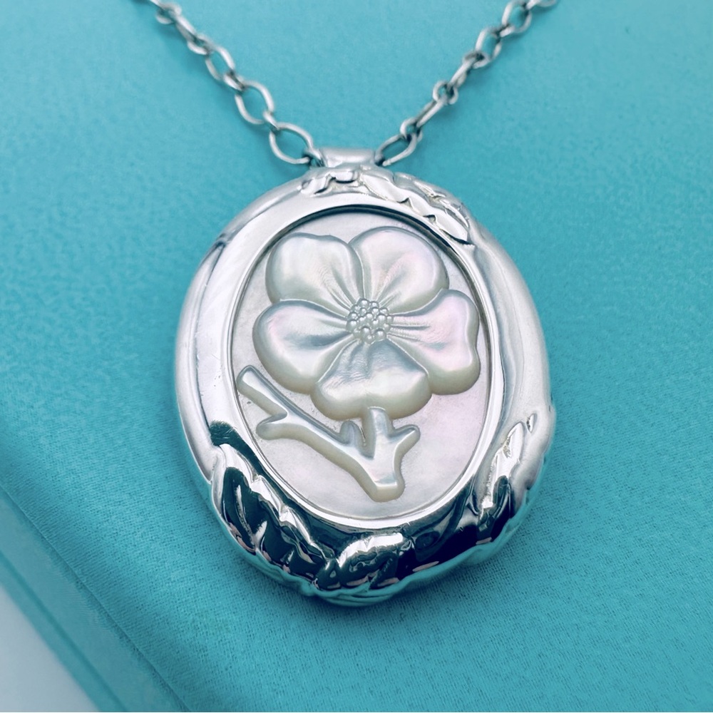 RARE Tiffany & Co. Mother of Pearl Cameo Necklace & Brooch Rose Sterling Silver - Picture 3 of 14